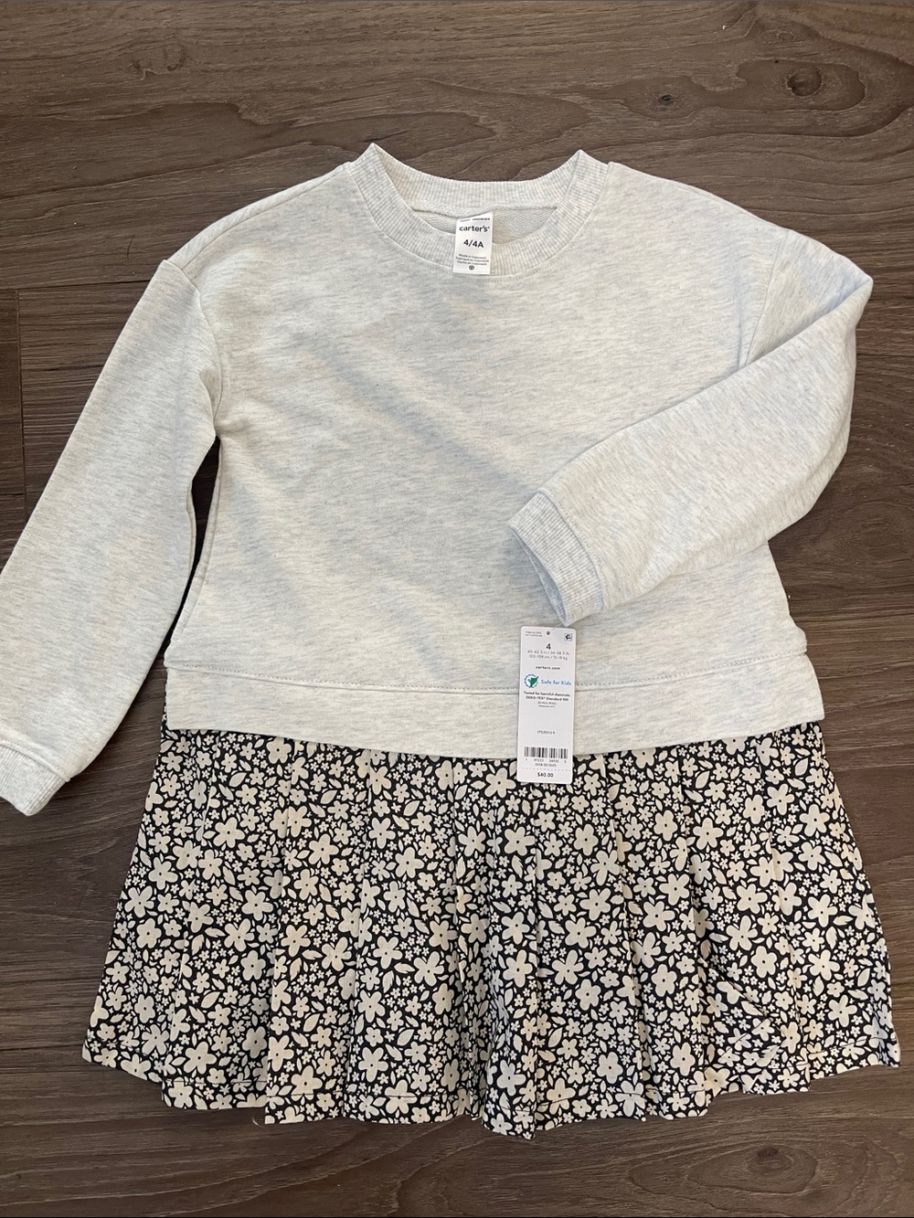 Carter's Cream Sweatshirt Dress with Black Floral Skirt